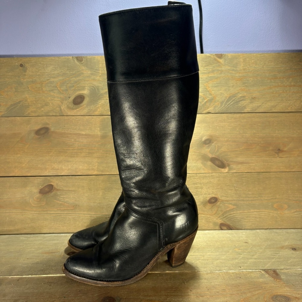 Frye Womens size 7.5 shoes Black Leather Tall Vintage Stacked Heel Riding boots